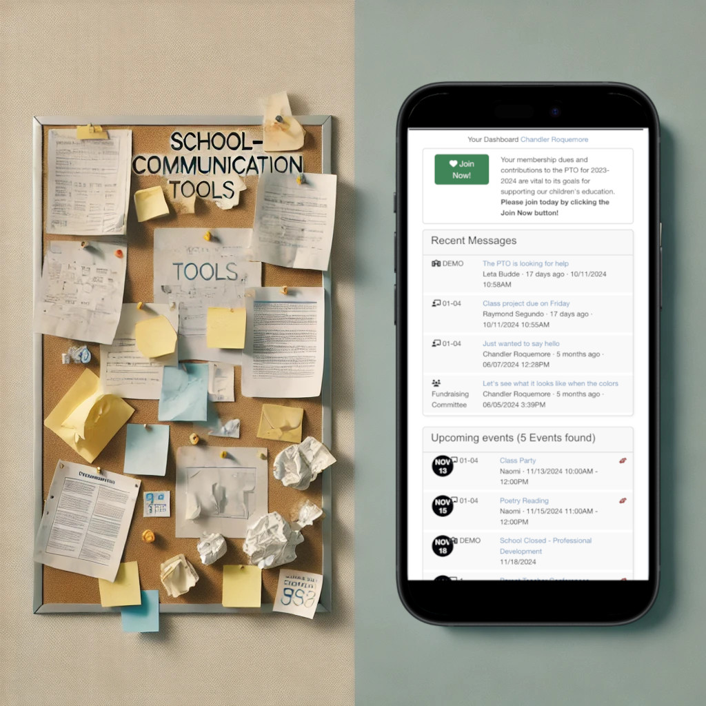 Image of a cork board and a mobile phone with a school communication app