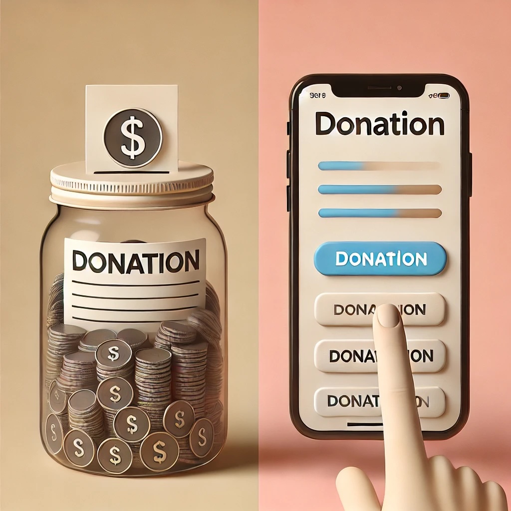 Image of a jar of coins and a mobile phone with a donation page