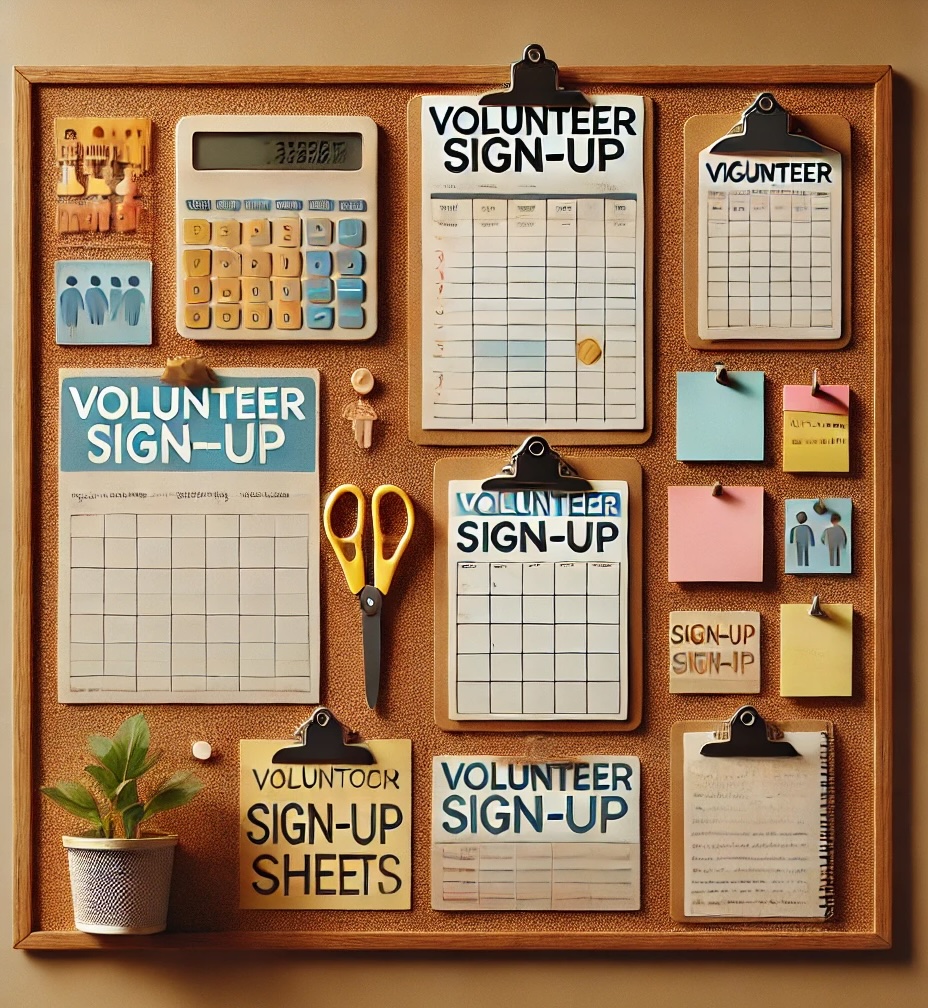 Image of a cork board with lots of different sign up forms