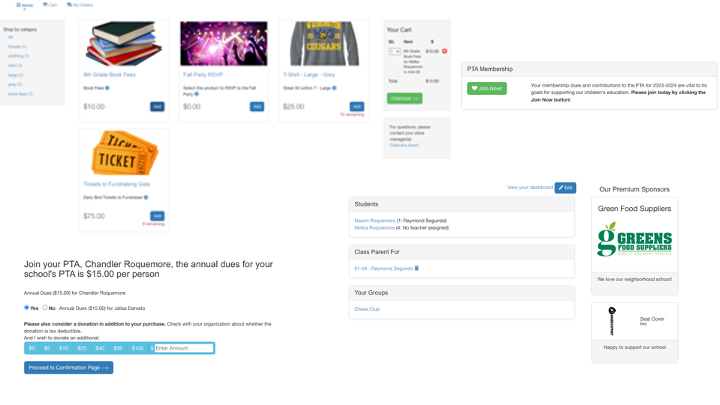 The ClassroomParent Store feature page, listing items for sale