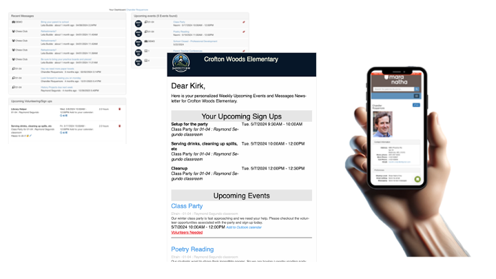 ClassroomParent communication, dashboard and newsletter interfaces